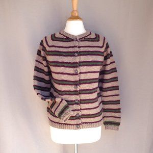 Classic Cardigan Sweater with Stripes, Button Front Womens M Hand Knit Unusual